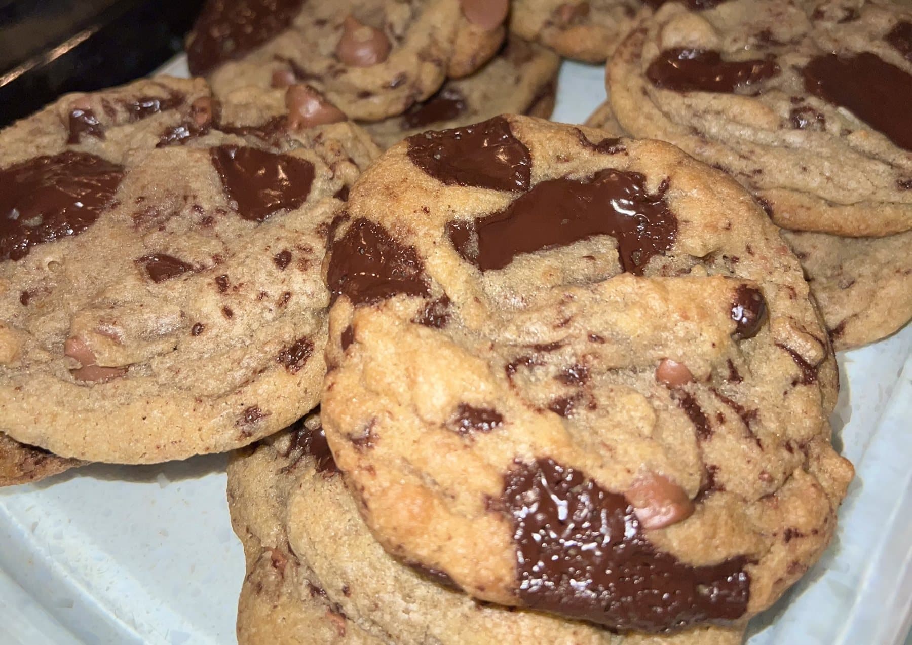 Close-up of warm brown butter chocolate chunk cookies with melted chocolate